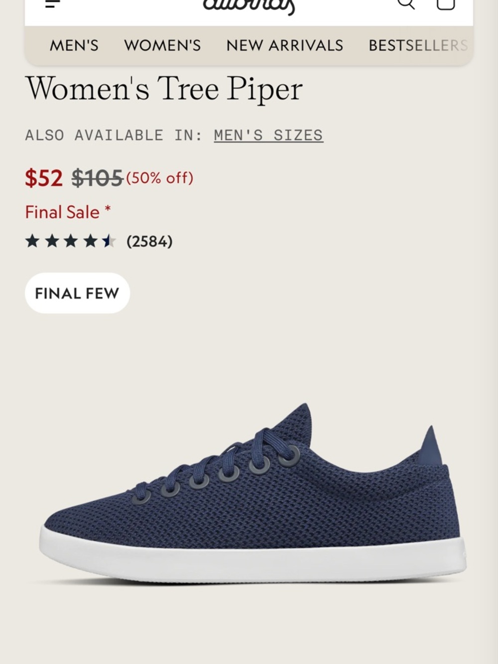 allbirds size 8 Women's Tree Piper Sneaker — Navy Blue with White Sole